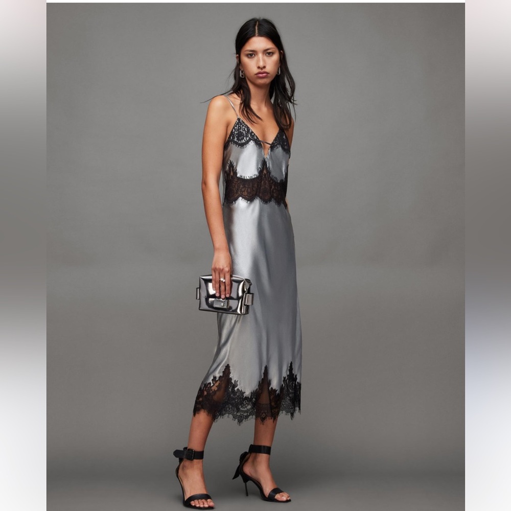 ALLSAINTS Ophelia Metallic Lace Trim Maxi Slip Dress Silver Black size 6